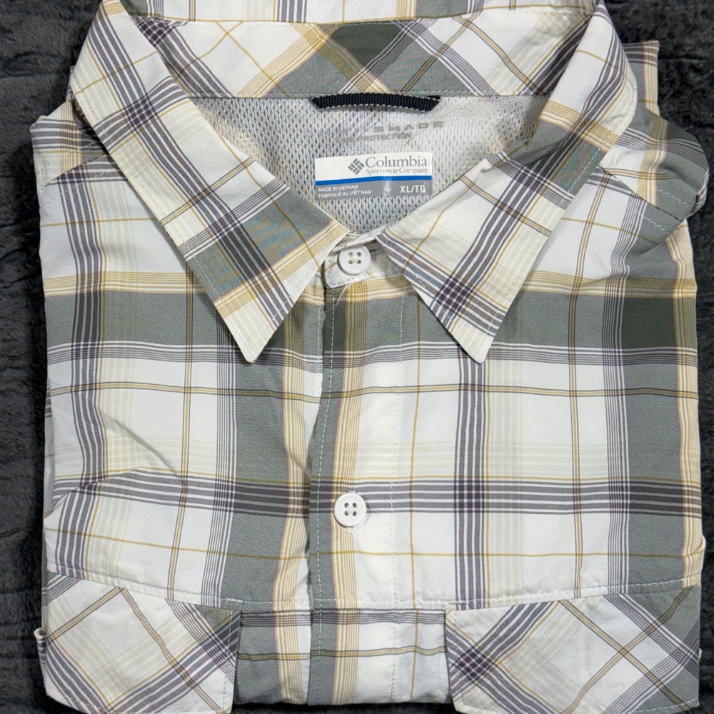 Columbia AM7441 Omni-Shade Plaid Button Up Shirt Mens XL‎ White Grey Yellow